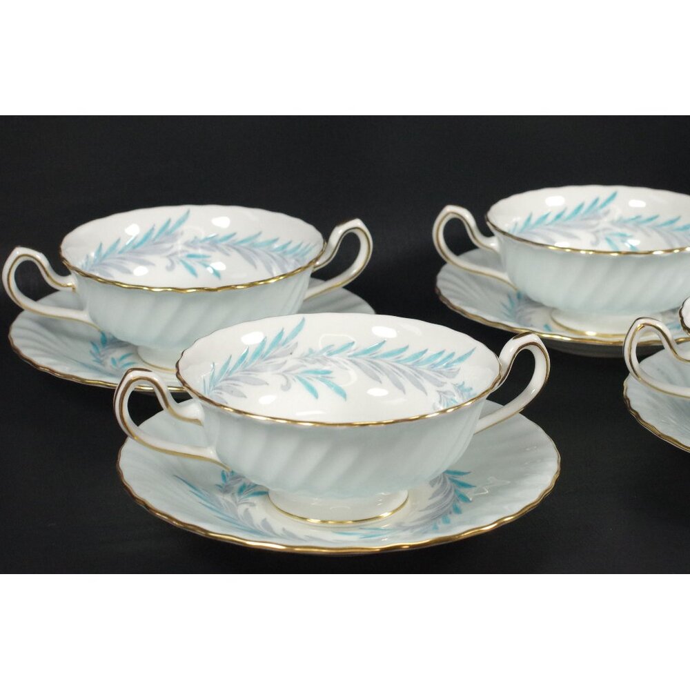 Set of 3 Minton "Symphony Blue" Footed Cream Soup Bowls and Saucers Bone China